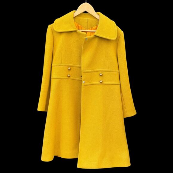 Vintage Yellow Wool Coat 1960s Mod Waist Tab Lined Swing S Mid Century 34” Bust - Picture 2 of 16